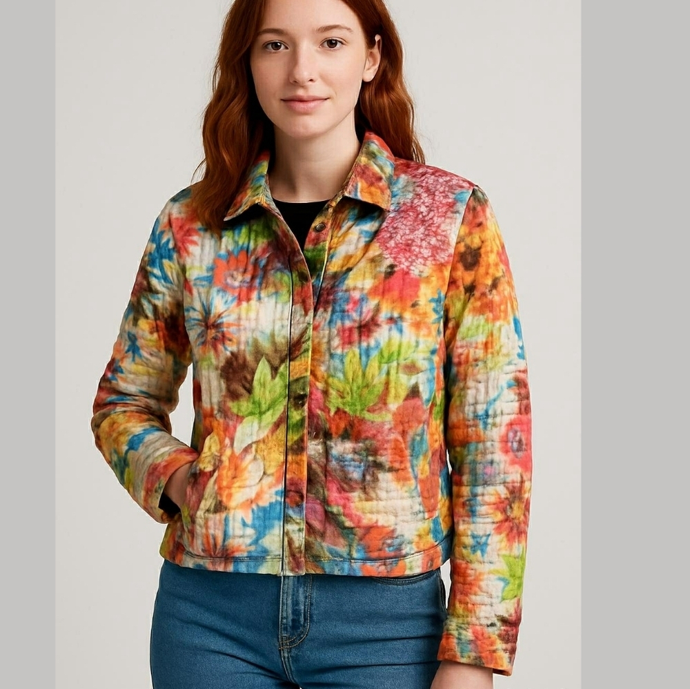 Ubu Floral Puffy Boho Reversible Multicolor Blue Pink Jacket Size Small